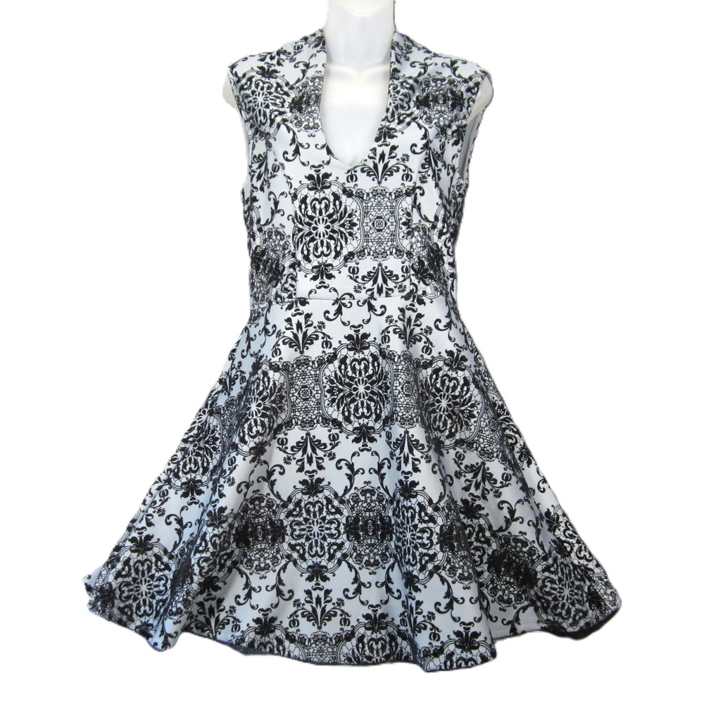 Trixxi Fit Flare Dress‎ L Black Gray Velvet Burnout Damask Formal Whimsigoth 90s